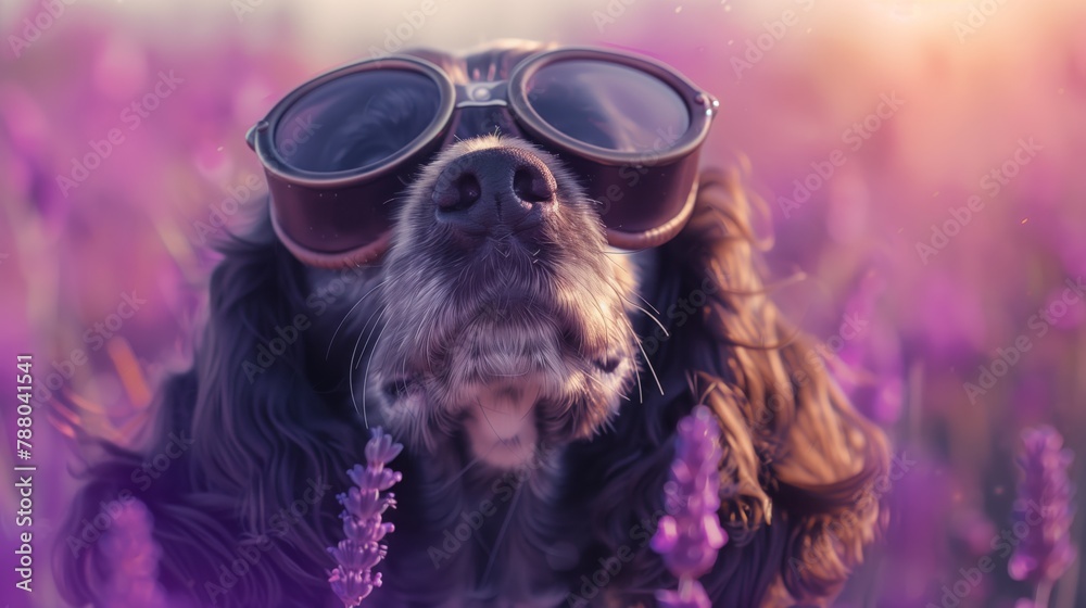 A dog wearing pilot goggles sits amidst a purple lavender field at sunset.