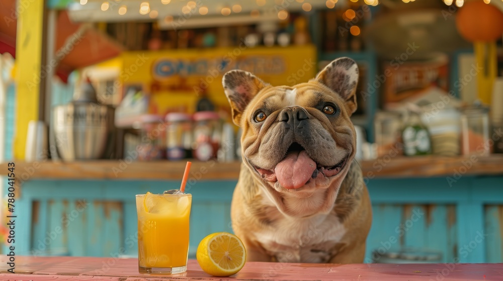 Cheerful bulldog enjoying a sunny day with a refreshing glass of orange juice at an outdoor cafe.