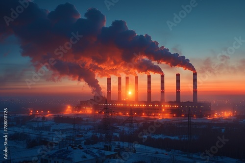 Sunset bathes an industrial landscape in a warm glow, as smoke rises from the power plant's towers warning of pollution