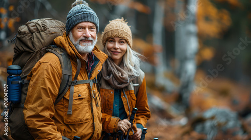 Active senior couple enjoying a hike in a beautiful autumn forest, equipped with backpacks and trekking poles, showcasing a lifestyle of adventure and health.