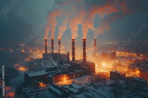 Night time industrial scene with smokestacks aggressively releasing smoke lit by the facility's intense lights