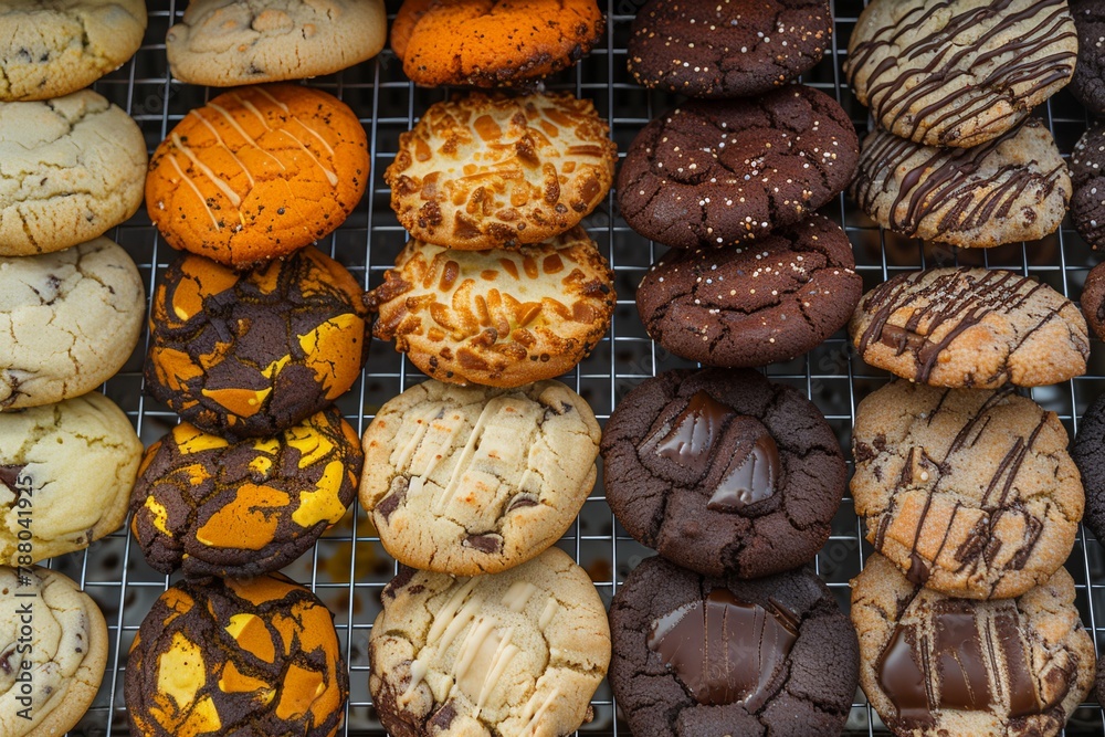 A variety of cookies and cakes are displayed on a metal rack