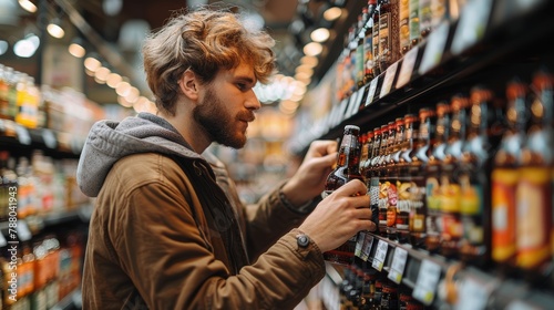 Young man carefully selects a beer from an array of bottles on a supermarket shelf, depicting a moment of choice in everyday shopping. photo