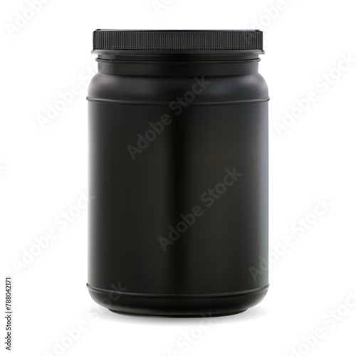 Protein powder jar. Sport supplement bottle, vector template. Black plastic gainer packaging illustration. Whey protein realistic cylinder jar sample, health fitness food. Round pill package mockup
