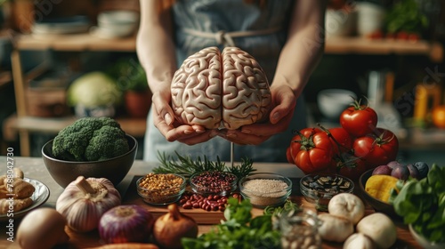 An engaging image of a woman presenting a human brain model surrounded by a variety of fresh, healthy vegetables and legumes on a kitchen counter.