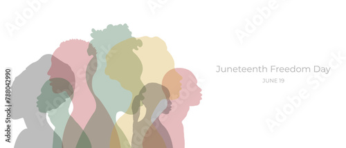 Freedom Day banner.June Nineteenth - Freedom Day,Liberation Day,Emancipation Day.Silhouettes of black African and African-American men and women.Vector.