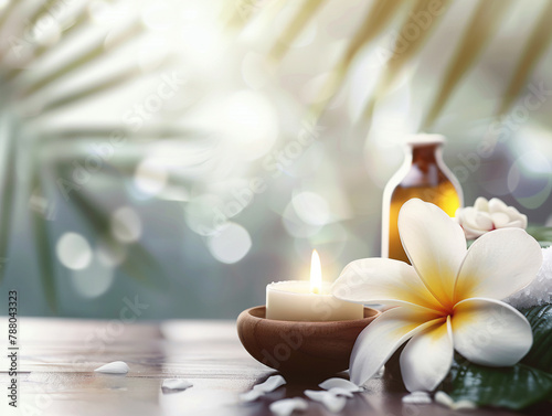A tranquil spa display featuring fluffy towels  scented candles  fragrant frangipani flowers  lush palm leaves and soft bokeh backdrop banner copy space.