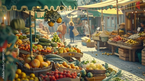 A bustling farmers market with stalls selling fresh produce.