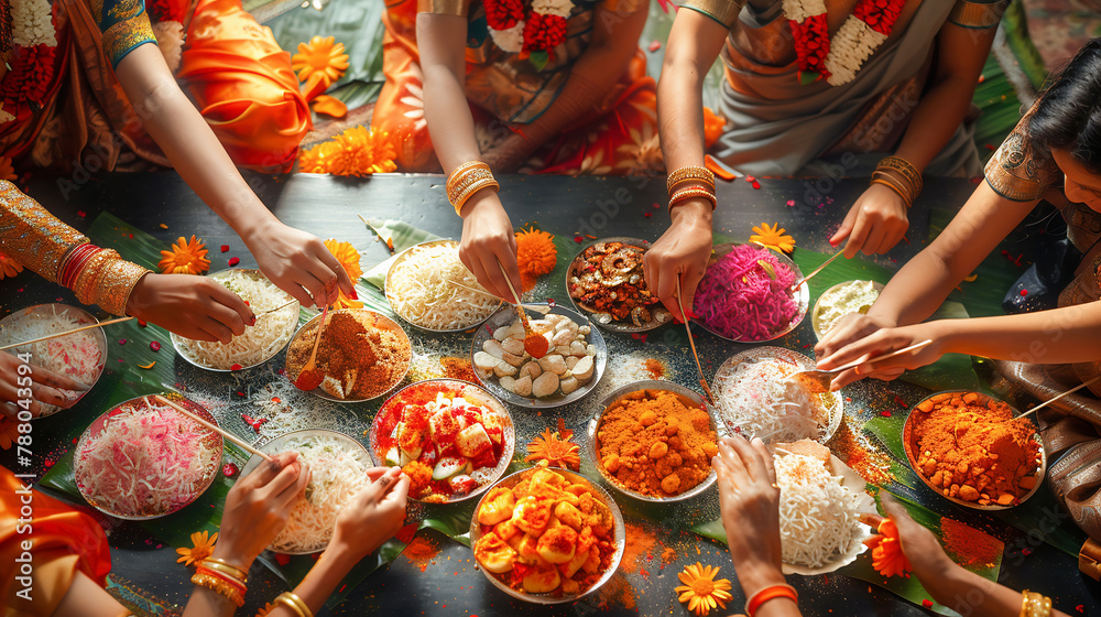 Festival of Colors table setting for Holi Festival, top view