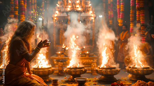 Hindu priest performs religious Ganga Aarti ritual (fire puja). Diwali festival, India