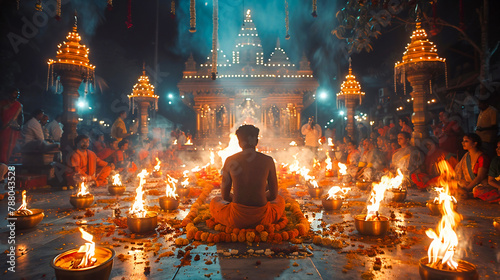 Hindu priest performs religious Ganga Aarti ritual (fire puja). Diwali festival, India