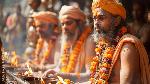 Hindu priests perform religious Ganga Aarti ritual (fire puja). Diwali festival, India