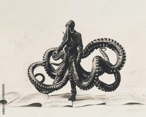 In a world of questionable design, an octopus man walks on scrolls, a vintage scifi illustration on a white backdrop,  photo