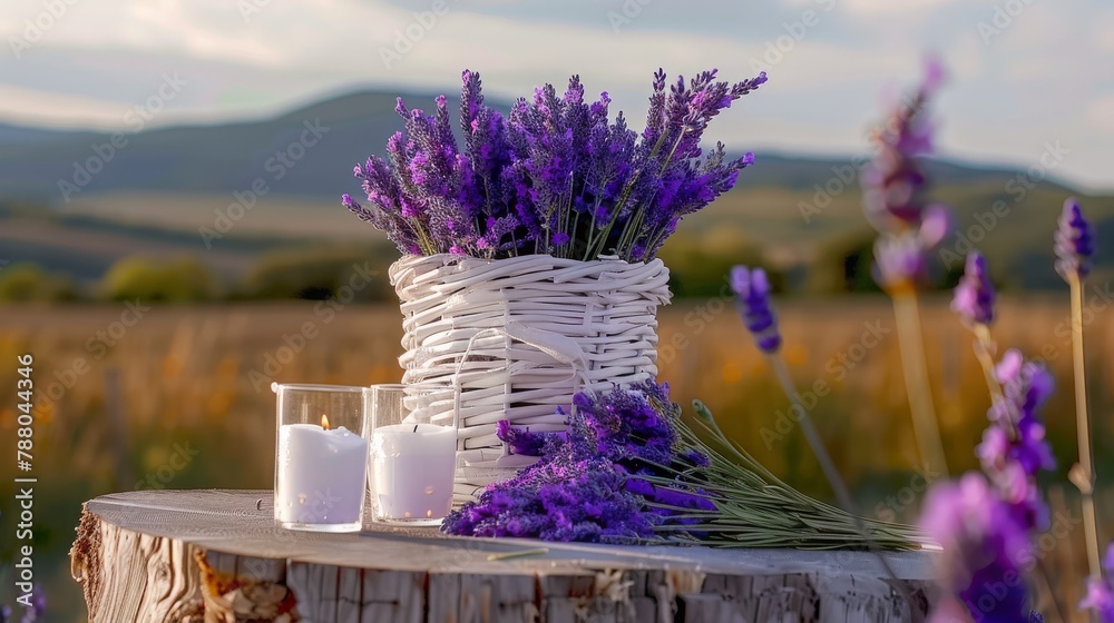 Basket with purple lavender in summer in France - obrazy, fototapety, plakaty 
