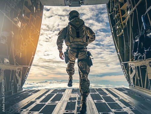 Aerial view of a flying paratrooper in a spacesuit against the sky. photo