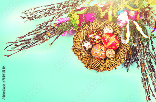 willow Sunday background of willow branches, willow bouquets. Easter top view. place for text