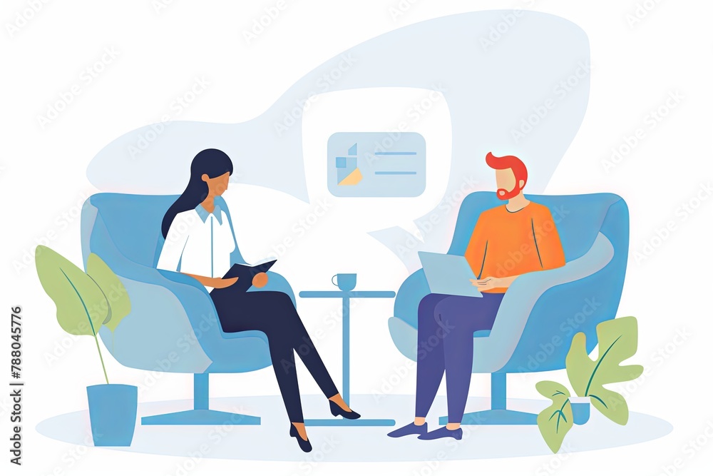 A man and a woman are engaged in a conversation while seated in chairs, focused and attentive to each other. Generative AI