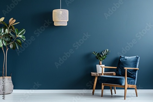 a dark blue accent wall, a mid-century modern armchair with navy blue upholstery and wood trim