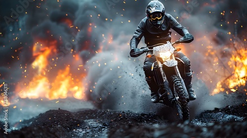 Daredevil Rider Conquers Fiery Trail. Concept Extreme Sports, Mountain Biking, Trail Blazing, Adrenaline Junkies, Fearless Riders
