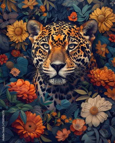 A jaguar in a field of flowers. The jaguar is in the center of the image  with flowers of various colors and sizes surrounding it. The flowers are mostly orange  yellow  and blue  with some green and