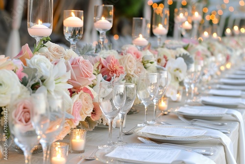 an elegant wedding reception scene with a long table adorned with white linen, featuring a delicate arrangement of pink and white flowers photo