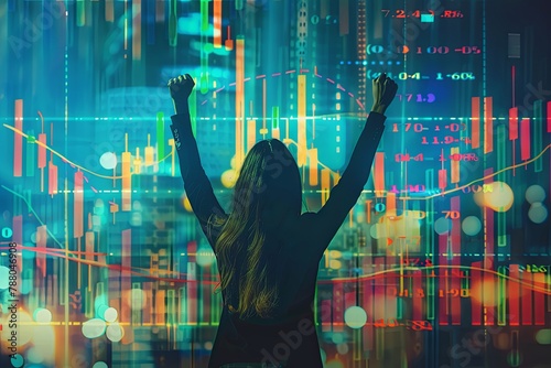 A person with arms raised in victory against a vibrant backdrop of stock market graphs signaling financial success. Generative AI