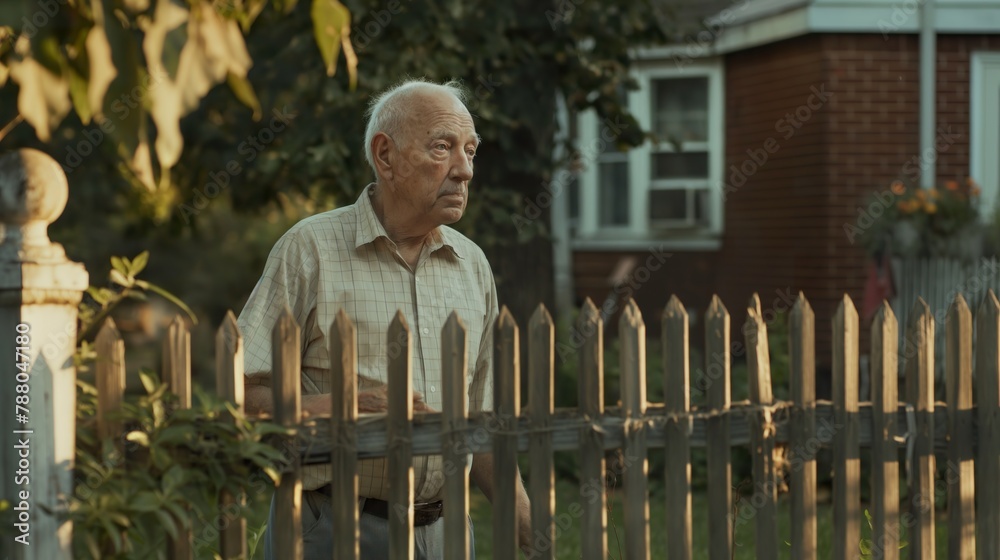 Obraz premium an old man standing behind his short fence in a suburban neighborhood