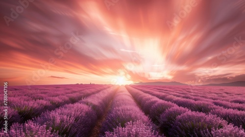 Violet lavender field in Provence in selective focus. Lavender flowers at sunset, wide landscape for banner. Panoramic landscape with blooming lavanda.