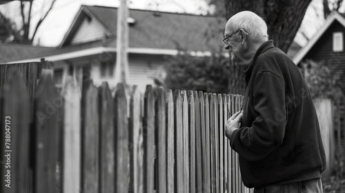 an old man standing behind his short fence in a suburban neighborhood photo
