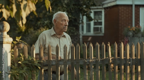an old man standing behind his short fence in a suburban neighborhood photo