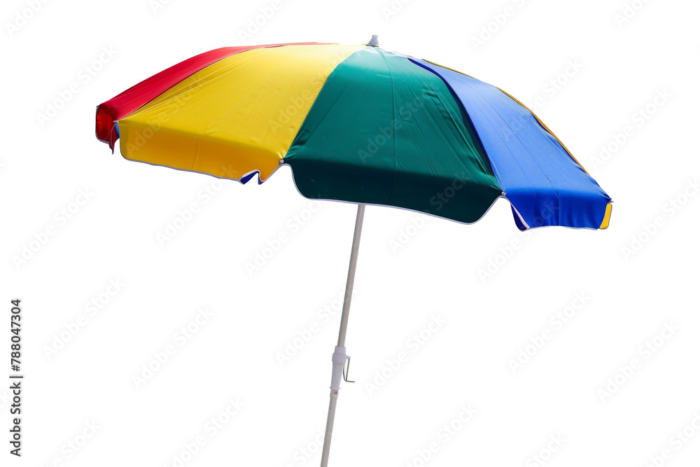Obraz premium Beach Striped Umbrella for summer holiday vacation isolated on background, Outdoor umbrella for sunlight and UV protection.
