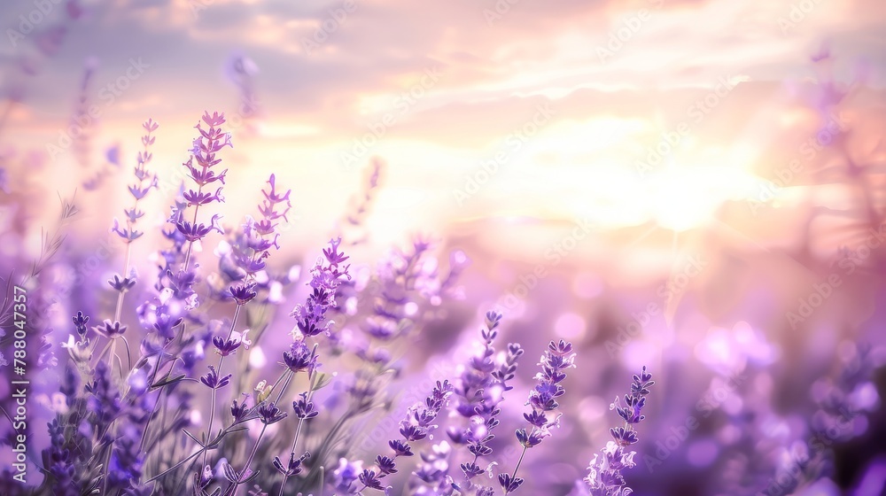 Violet lavender field in Provence in selective focus. Lavender flowers at sunset, wide landscape for banner. Panoramic landscape with blooming lavanda. Violet lavender field in Provence in selective focus. Lavender flowers at sunset, wide landscape for banner. Panoramic landscape with blooming lavanda.