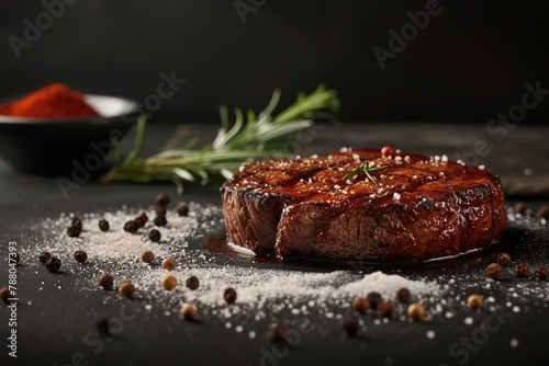 A hyper-realistic image of a high-quality beef steak on a dark  elegant surface
