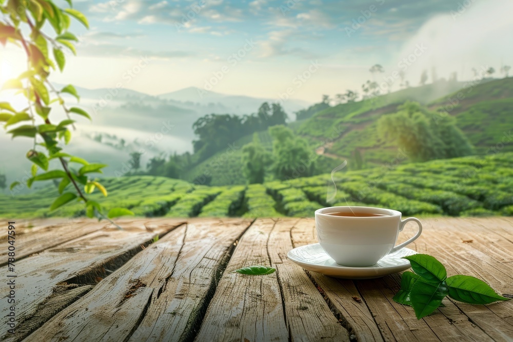 Green tea cup on wooden table with tea plantations in background