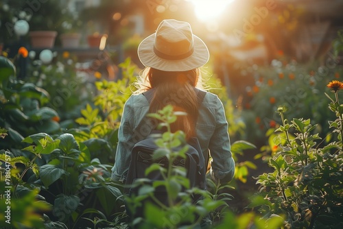 woman practices gardening, finding solace and rejuvenation in the simple act of nurturing plants, against a backdrop of clear skies and sunlight filtering 