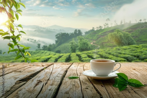 Green tea cup on wooden table with tea plantations in background