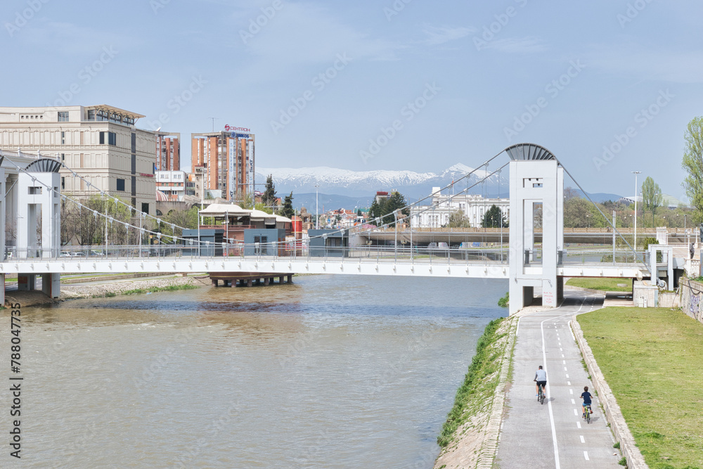 Skopje, Macedonia- March 31, 2024: Stone bridge Skopje, a bridge across the Vardar River in Skopje, the capital of the Republic of North Macedonia.