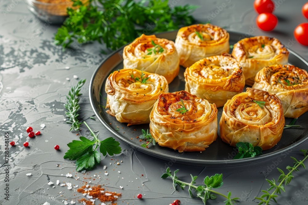 Grey plate with feta and mini spiral filo pies on concrete background Grey plate with feta and mini spiral filo pies on concrete background