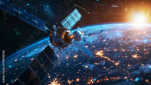 Telecom communication satellite orbiting around the globe earth