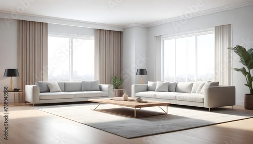 3d render of modern living room with sofa on wooden floor, Empty wall with large window on nature background. © alihamzatullah