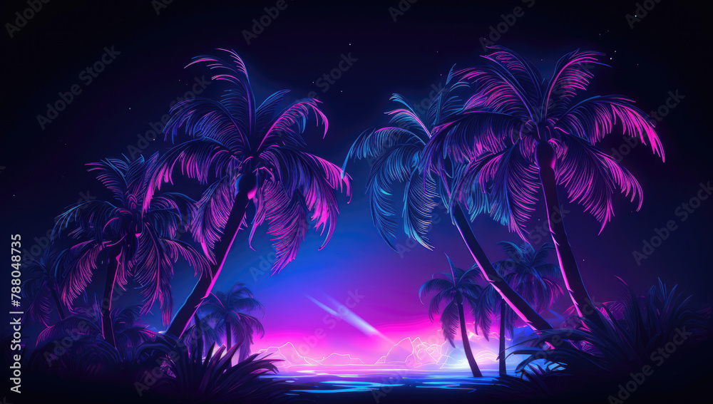 Vibrant neon palm trees stand against a dark blue night sky, with radiant pink and blue hues illuminating the tropical scene, evoking a serene yet electrifying beachside atmosphere.