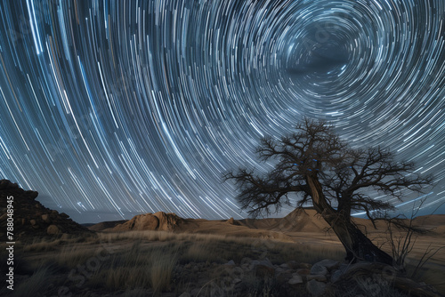 Cosmic Trails: Long exposure capture of stars streaking across the night sky, tech style