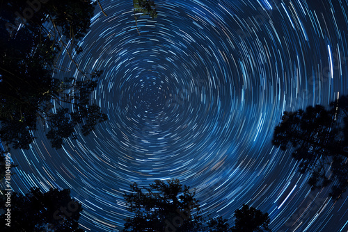 Cosmic Trails: Long exposure capture of stars streaking across the night sky, tech style