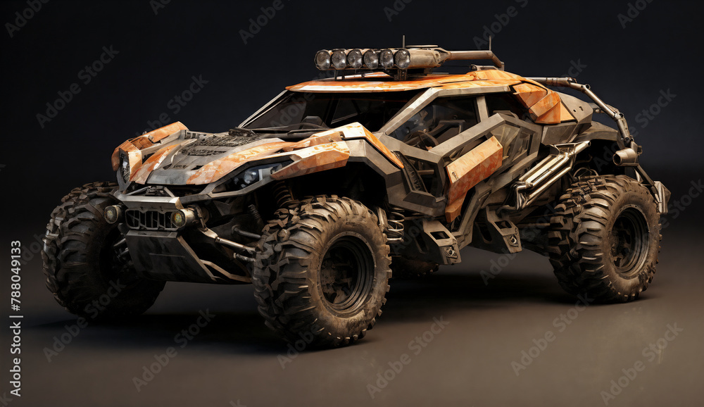 a toy vehicle with a large tire and a large wheel drive system on a dark background with a shadow,