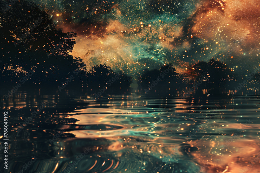 Starry Reflections: Reflection of stars and galaxies in calm water, creating a surreal effect, tech style