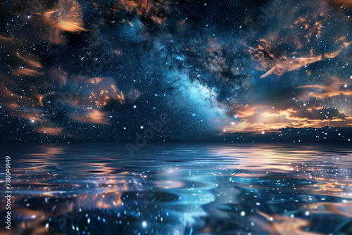Starry Reflections: Reflection of stars and galaxies in calm water, creating a surreal effect, tech style