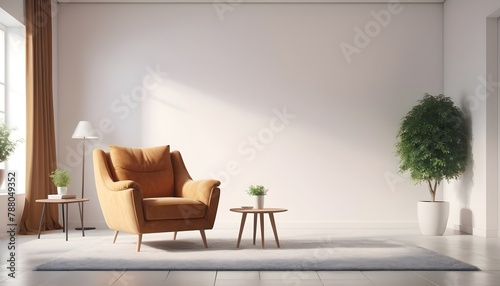 Living room interior wall mockup with gray velvet armchair  round pillow with tropical pattern  green plaid  coffee table and plant on empty white wall background. 3D rendering  illustration.