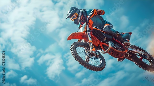 High-Flying Motocross Action Against a Cloudy Sky. Concept Motocross Stunts, Cloudy Sky Background, Extreme Sports Photography © Ян Заболотний