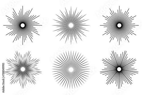 Sunburst element. Round, radial sunburst, Set of icons of stars. Circular beans, Sun ray vector. Firework vector