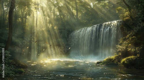 Tranquil Waterfall Landscape with Sunlit Reflection